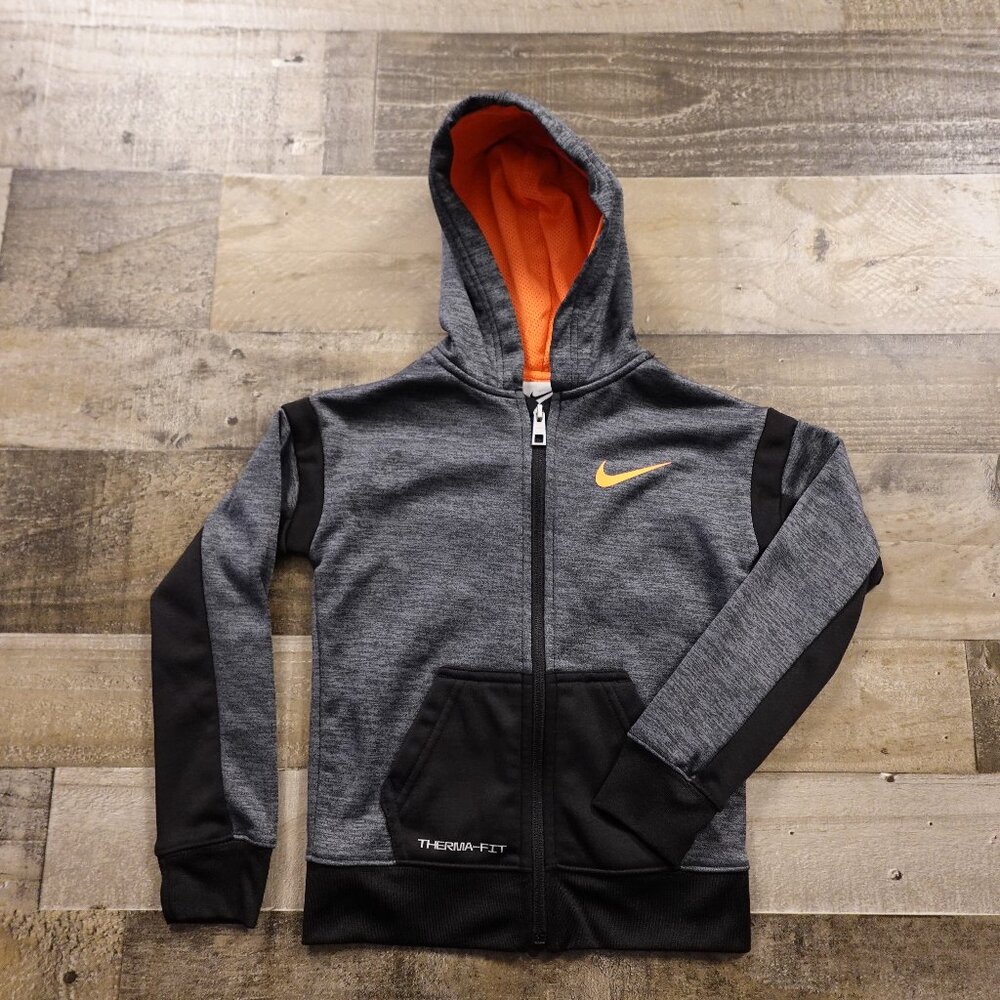 Nike Therma-FIT Full Zip Hoodie Kids XS (4) Gray Black Orange